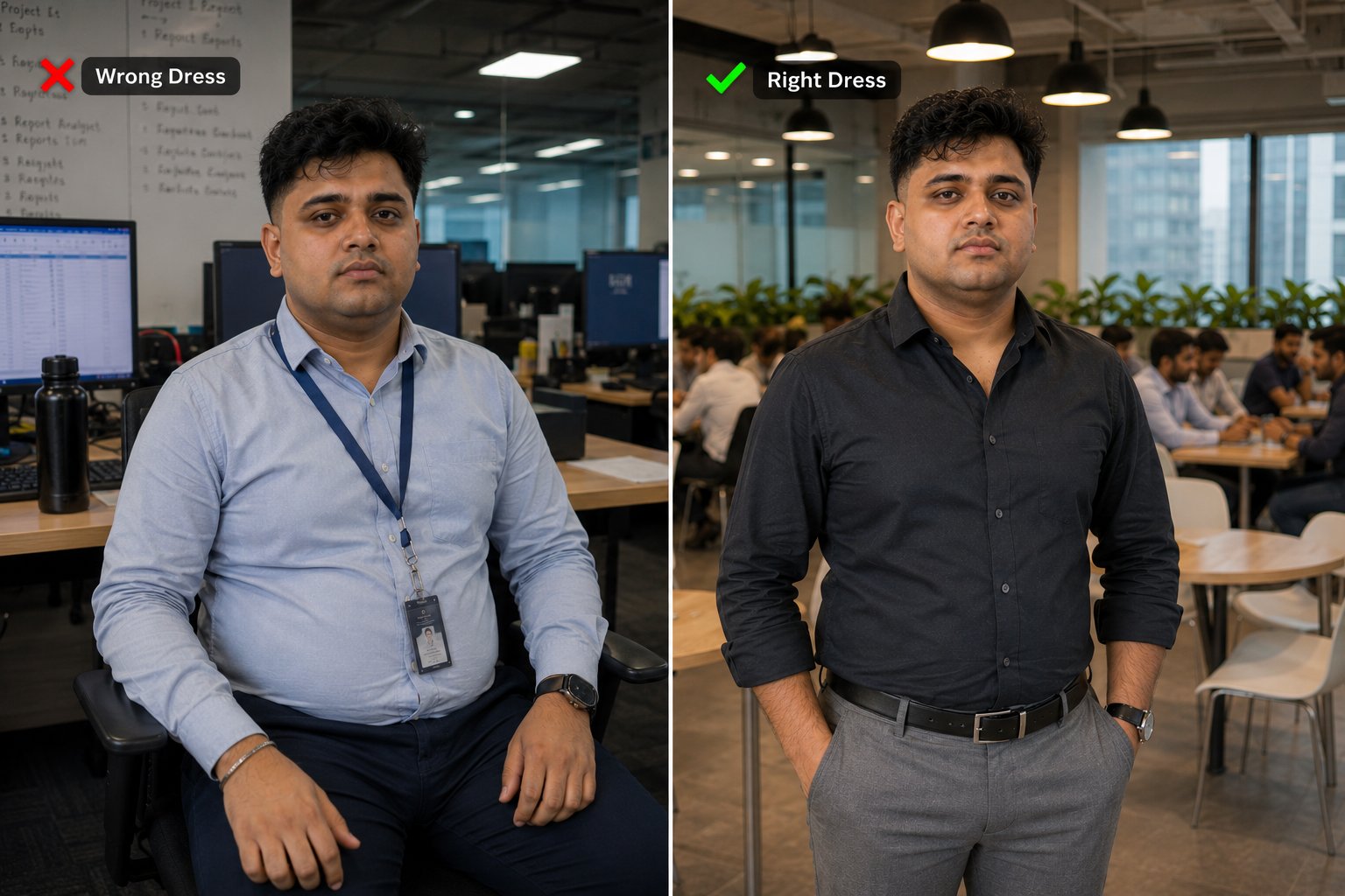 Akshay — wrong fit versus clothes cut for his actual build.