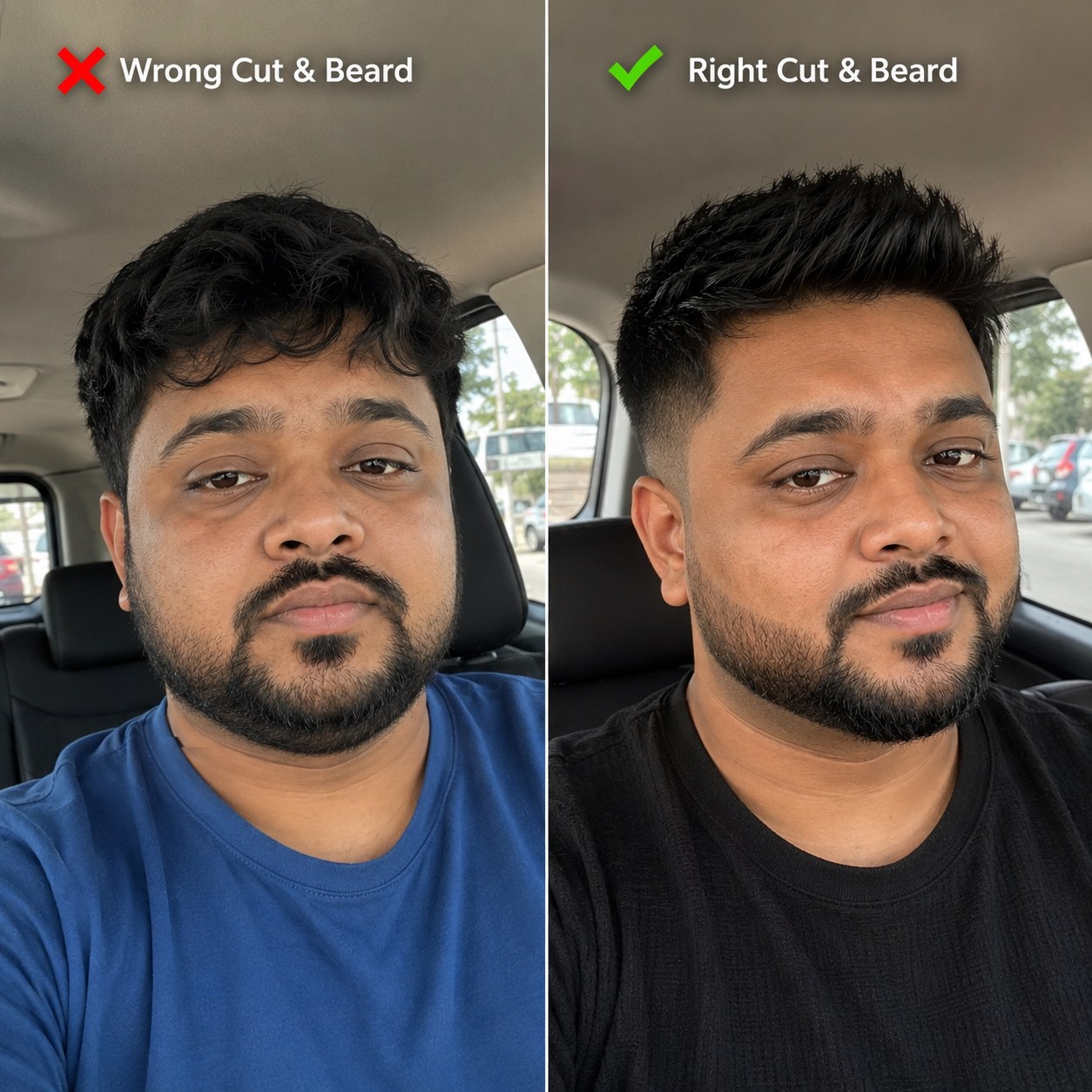 Pratham — wrong cut and beard versus the right cut and beard for his face shape.