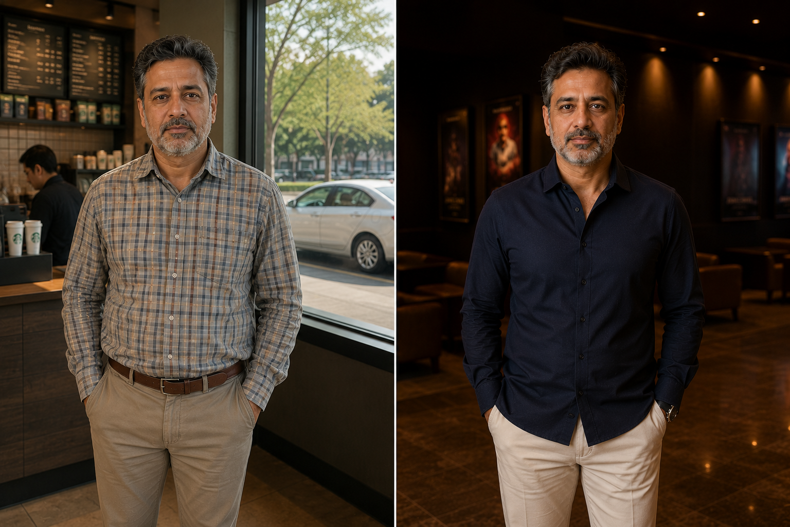 Rajeev — the same man in draining colours versus the shades that suit his skin.